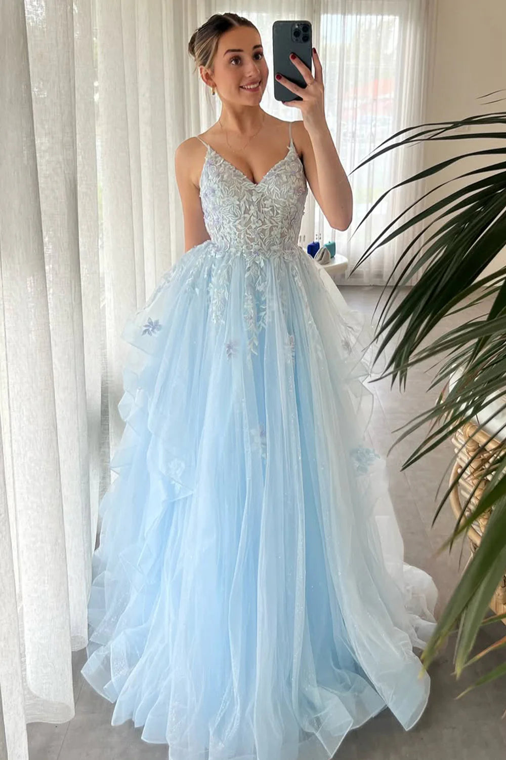Light Blue Spaghetti Straps Prom Dress With Lace-Embroidered Bodice And Layered Tulle Skirt AD710