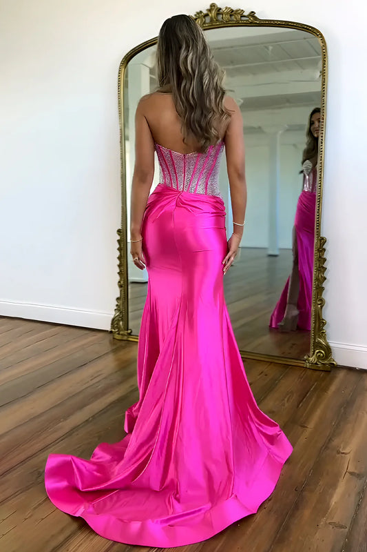 Stunning Hot Pink Mermaid Prom Dress With Beaded Top Long Satin And Slit AD712