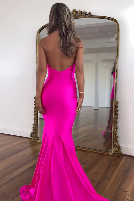 Hot Pink Halter Neck Mermaid Prom Dress With Satin Finish And Slit AD714