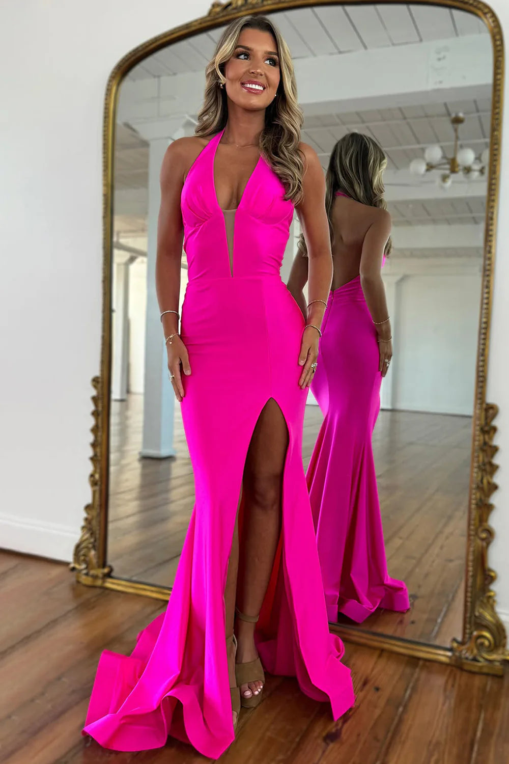 Hot Pink Halter Neck Mermaid Prom Dress With Satin Finish And Slit AD714