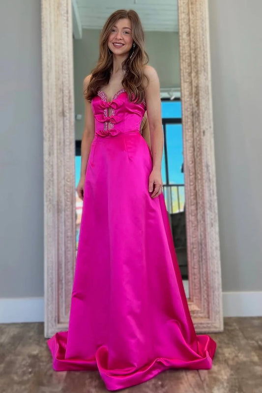 Hot Pink Satin A-Line Prom Dress With Sweetheart Neckline And Bowknots AD715