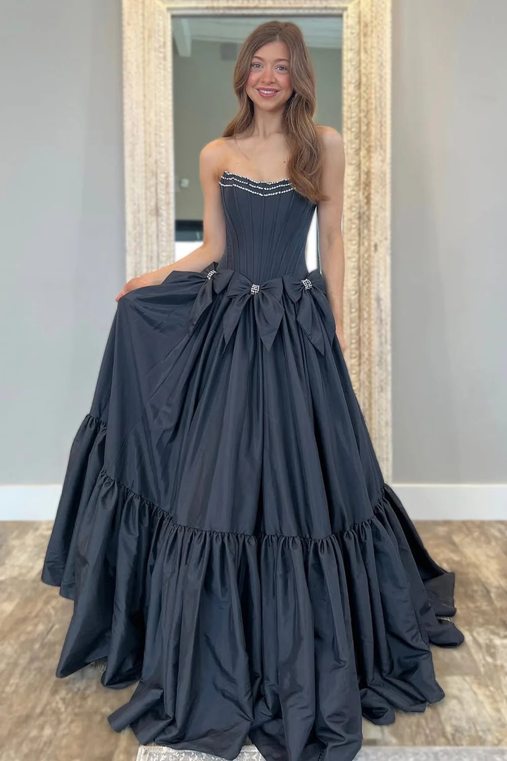 Black Satin Strapless Princess Prom Dress With Tiered Skirt And Bowknots AD718