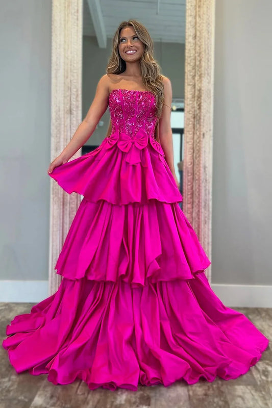 Fuchsia Strapless Layered Satin A-Line Prom Dress With Glitter Bodice And Bowknot AD727