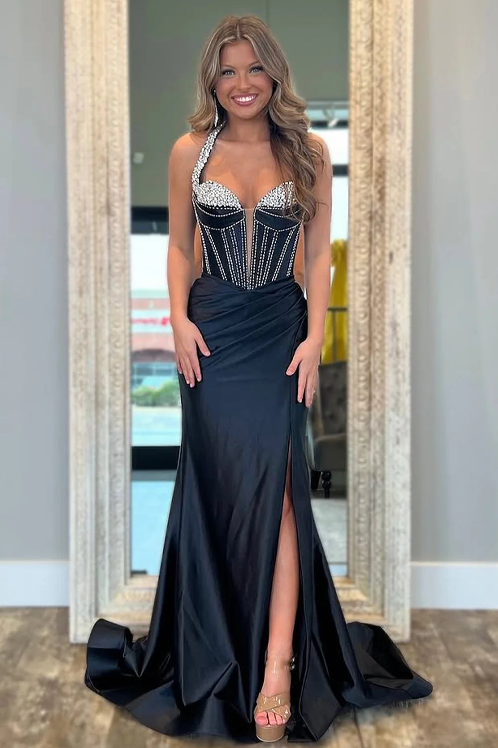 Black Mermaid Fit With Sweetheart Bodice Beaded Detail And Thigh Slit Prom Dress AD732