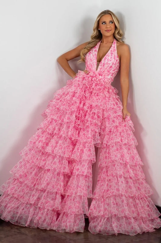 Princess A Line Halter Neck Pink Printed Tulle Long Prom Dress With Ruffles AD744