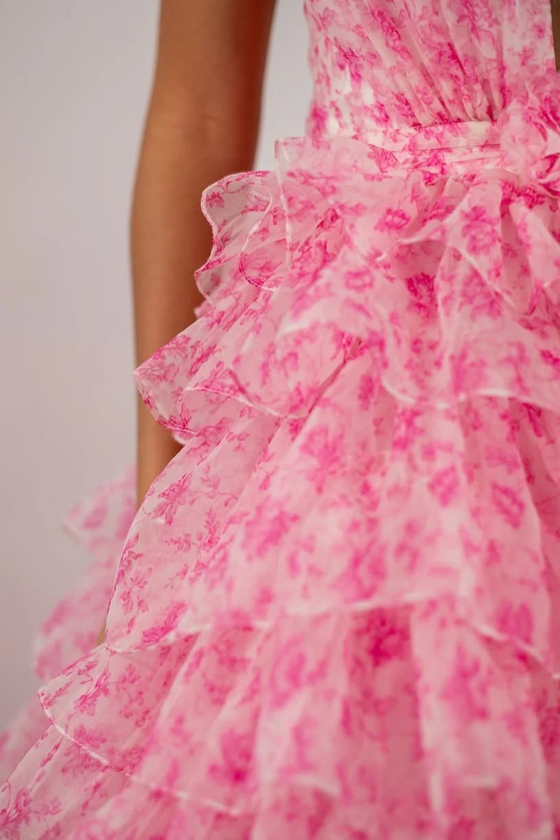 Princess A Line Halter Neck Pink Printed Tulle Long Prom Dress With Ruffles AD744