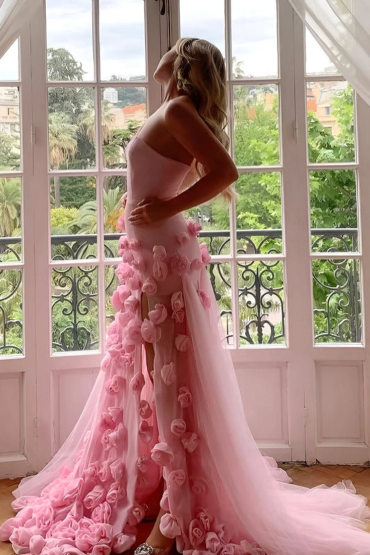 Romantic Pink Mermaid Prom Dress With Sweetheart Bodice 3D Flowers And Thigh Slit AD750