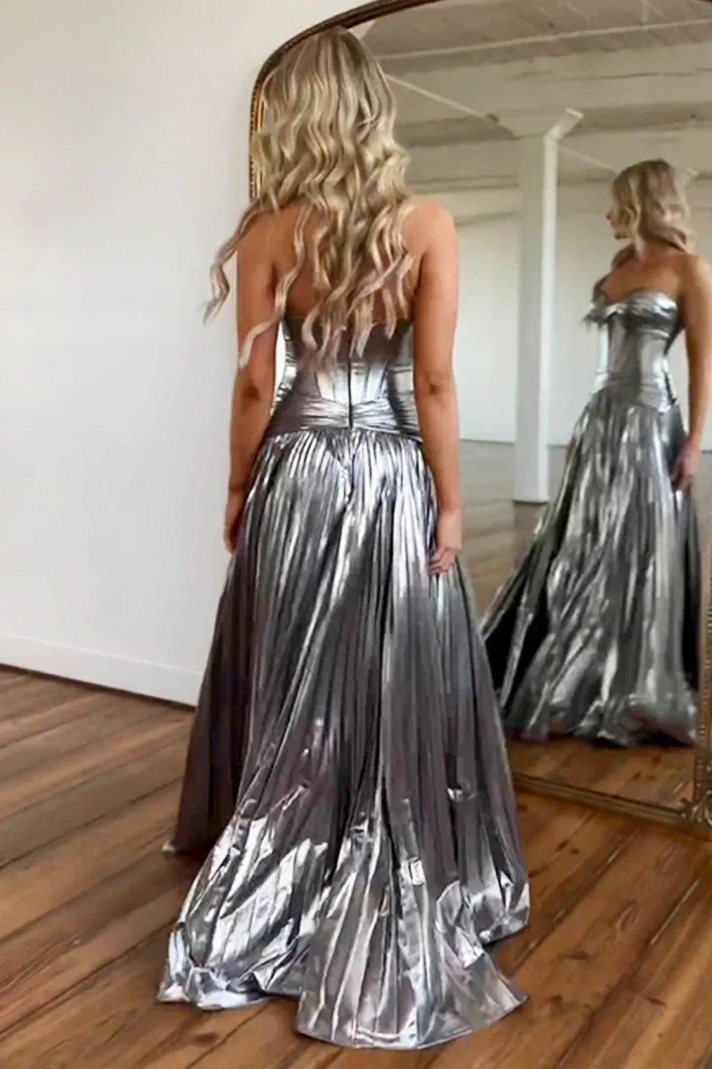 Peacock Blue Metallic A Line Prom Dress With Sweetheart Neckline And Leg Slit AD756