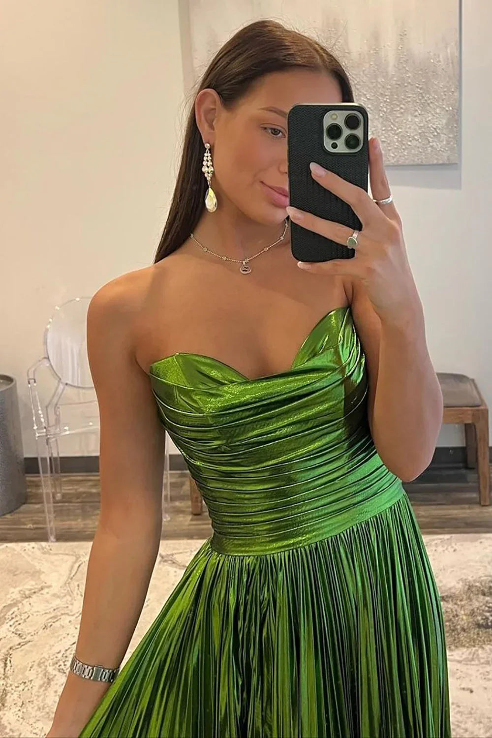 Green Pleated Metallic Prom Dress With Strapless Top A Line Shape And Leg Slit AD760