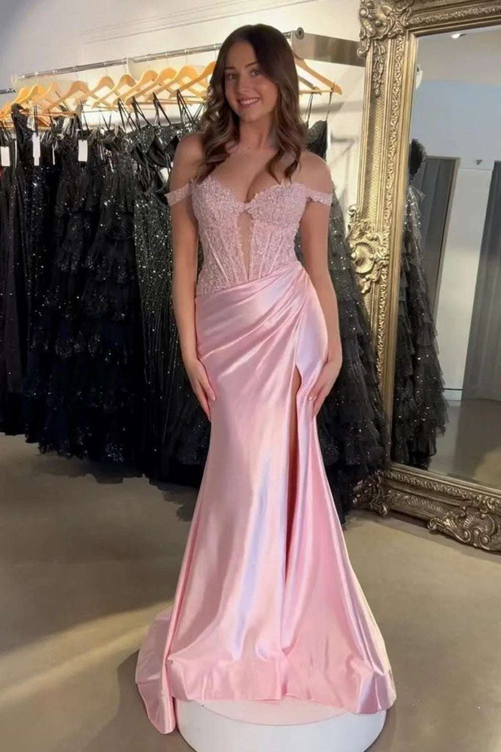 Light Pink Off The Shoulder Lace Top And Satin Skirt Prom Dress With Slit AD762