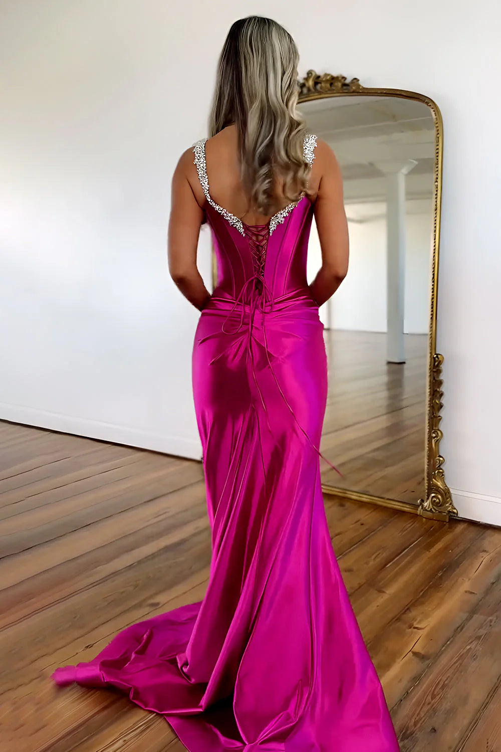 Fuchsia Mermaid Satin Slit Prom Dress With Beaded Straps And Lace Up Back AD764