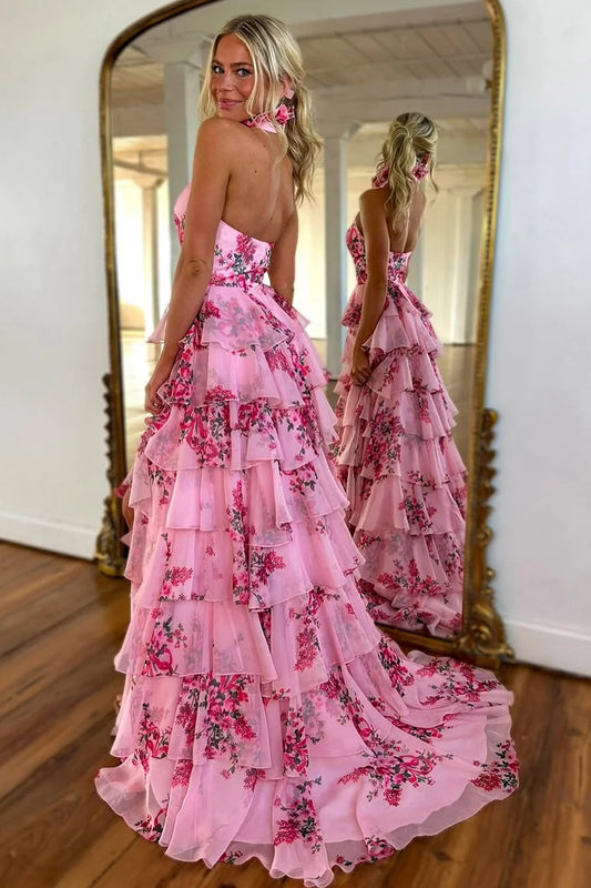 Lovely Pink 3D Flower Halter Neck A Line Prom Dress With Ruffle Printed Chiffon Skirt AD767