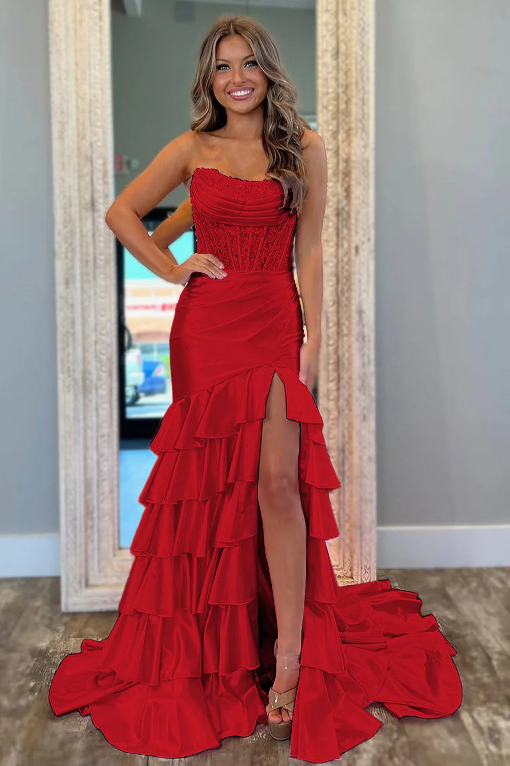 Chic Light Blue Strapless Mermaid Satin Bodice Prom Dress With Ruffled Skirt AD773