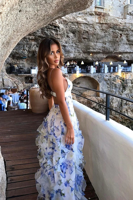 Chic A Line Spaghetti Straps Blue Floral Printed Long Party Dress AD779