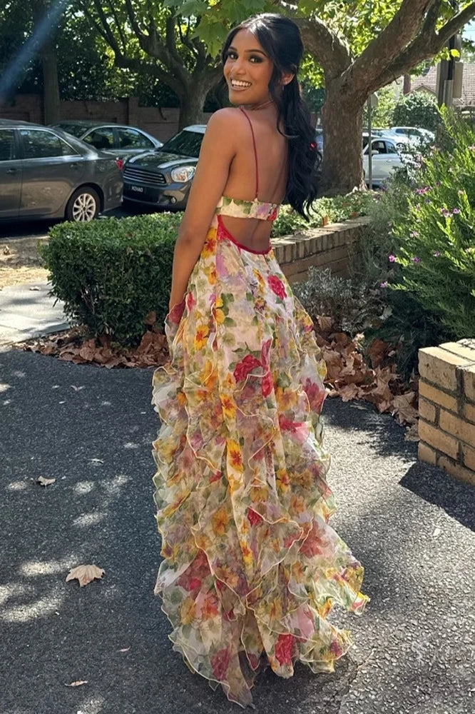 Chic A Line Spaghetti Straps Blue Floral Printed Long Party Dress AD779