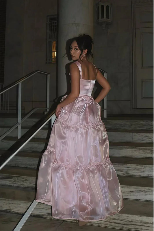 Princess A Line Spaghetti Straps Pink Long Prom Dress With Lace Ruffles AD780