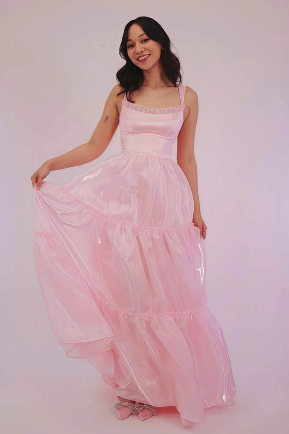 Princess A Line Spaghetti Straps Pink Long Prom Dress With Lace Ruffles AD780