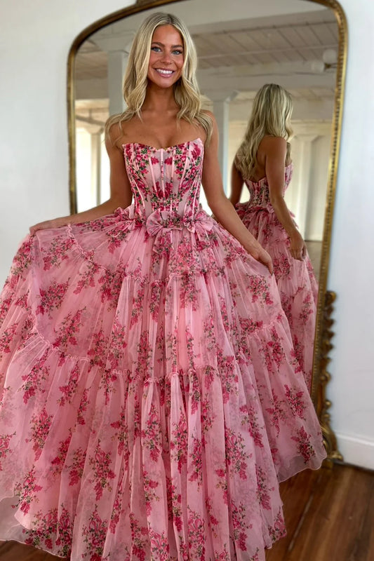 Charming A-Line Pink Strapless Long Print Tulle Prom Party Dress AD810
