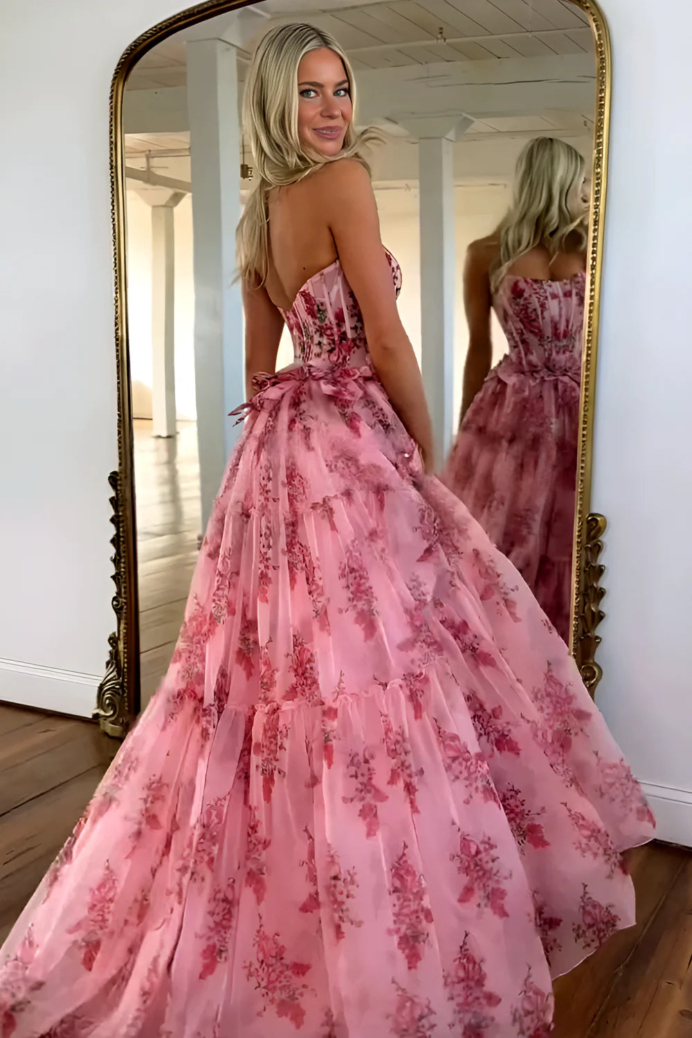 Charming A-Line Pink Strapless Long Print Tulle Prom Party Dress AD810