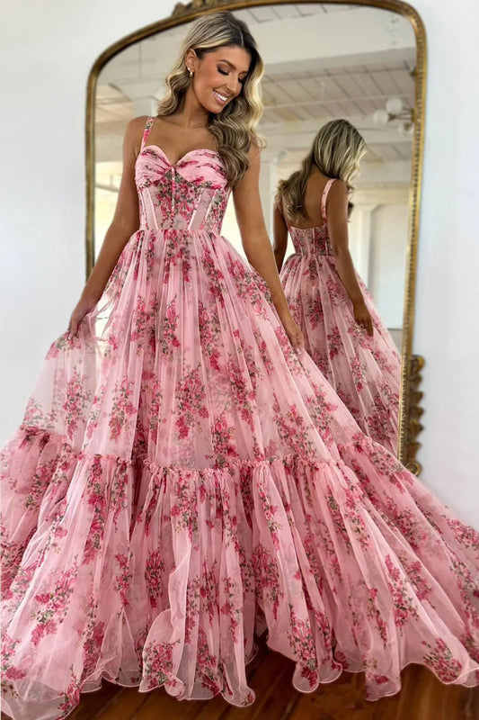 Pink Romantic A-Line Straps Zipper Back Long Print Tulle Prom Party Dress AD811