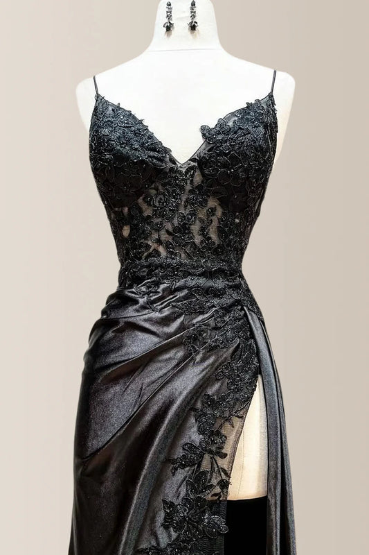 Chic Black Mermaid Spaghetti Straps Lace Up Satin Prom Dress With Appliques AD813