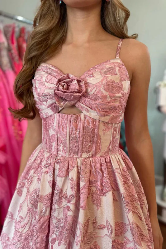 Romantic Pink Floral Ball gown Spaghetti Straps A-Line Prom Dress AD817