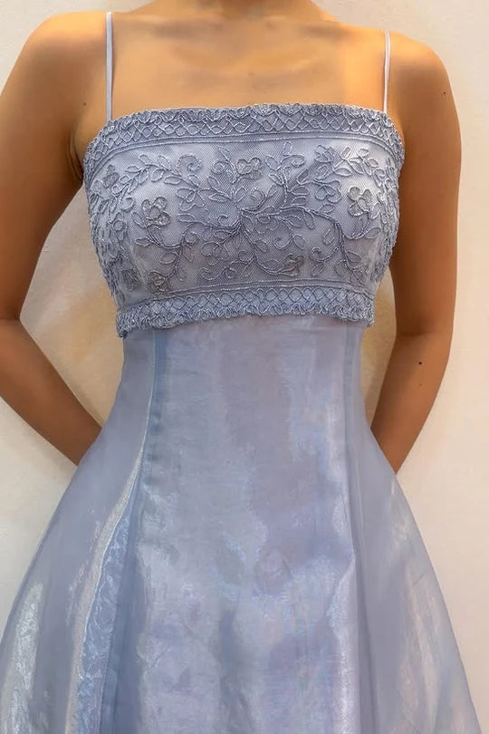 Elegant Spaghetti Straps Lace-Up Tulle A-Line Appliques Party Prom Dress AD819
