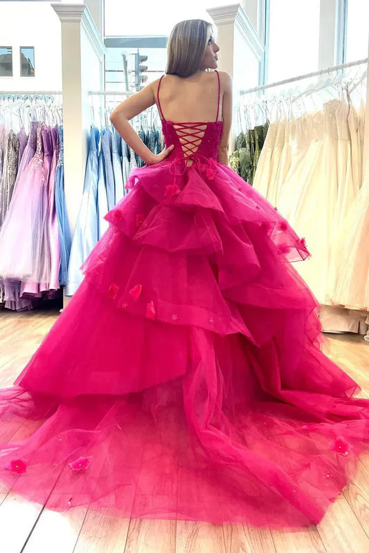 Vibrant Fuchsia Spaghetti Straps Ballgown Prom Dress With Floral Lace Appliques & Tiered Ruffle Tulle Skirt AD834