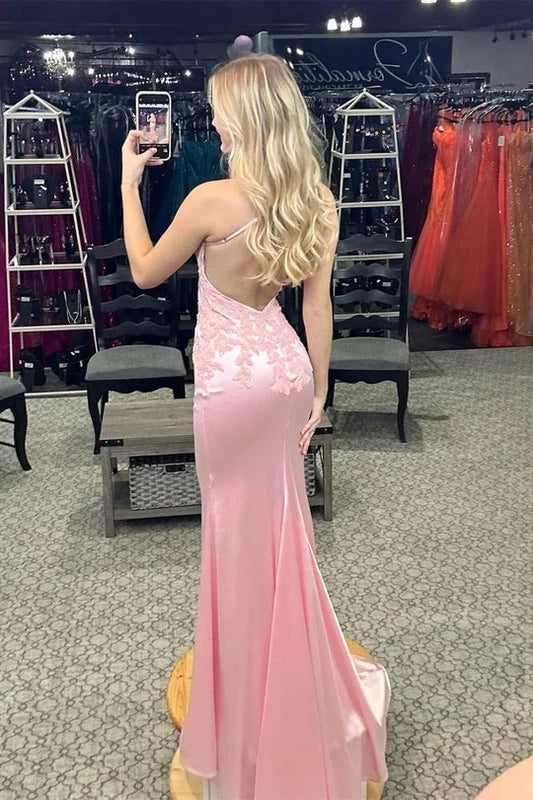 Elegant Pink V-Neck Spaghetti Straps Appliques Mermaid Prom Dress AD835