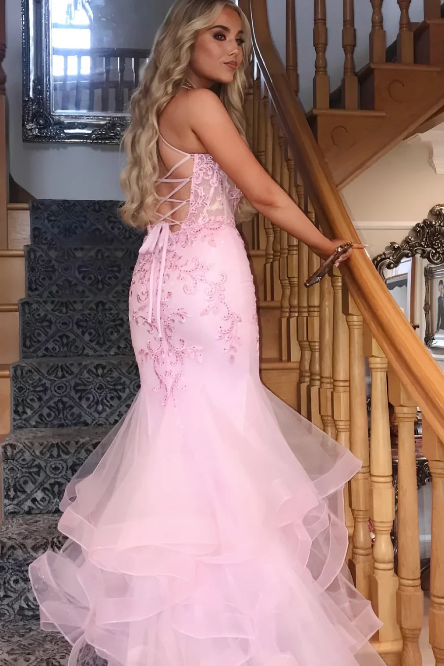 Romantic Light Pink Spaghetti Straps Mermaid Prom Dress With Sheer Corset Bodice & 3D Floral Appliques AD843