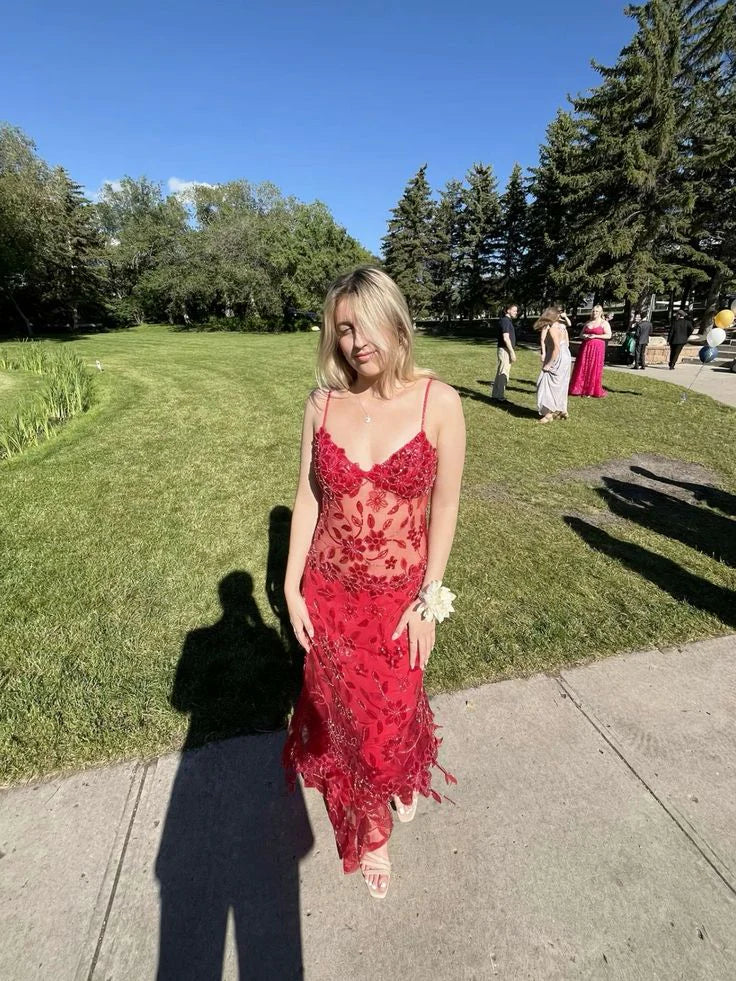 Sexy Red Spaghetti Straps Mermaid Long Party Prom Dress With Beaded Floral Lace Appliques AD847