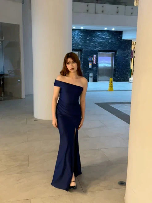 Elegant Navy One Shoulder Mermaid Long Party Prom Dress With Slit AD851