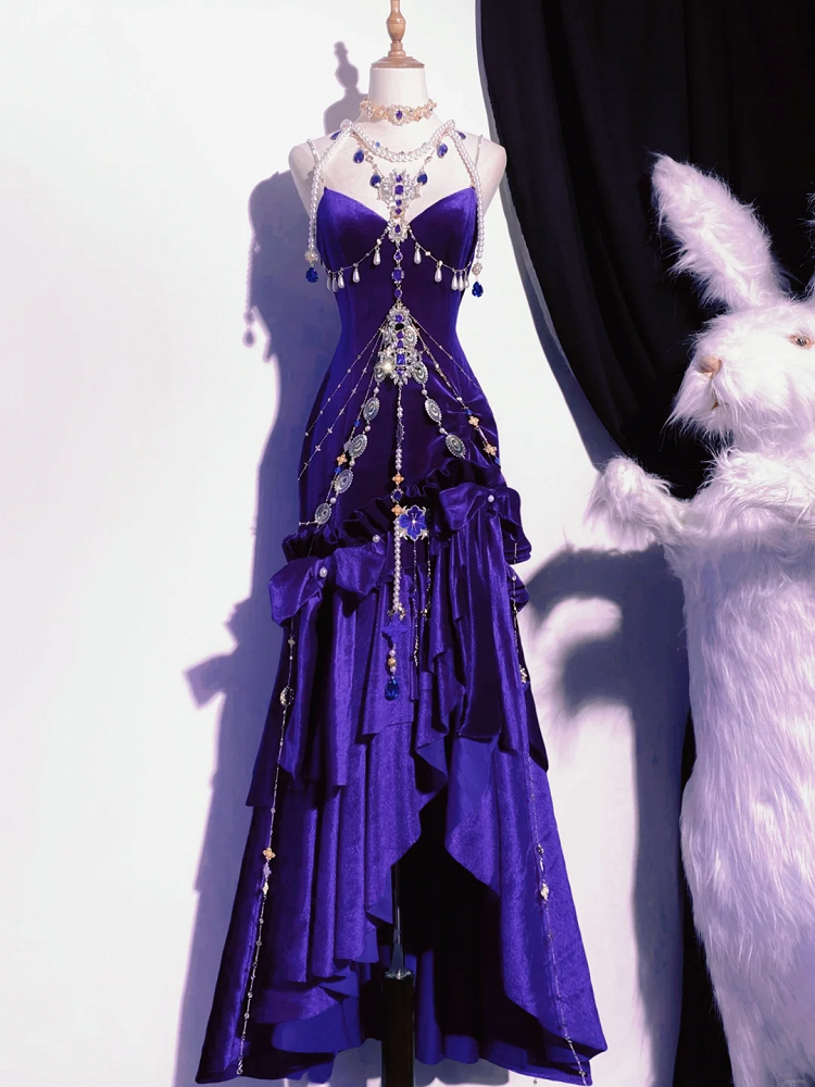 Luxury Burgundy Mermaid High‑Low Spaghetti Straps Prom Dress With Hanging Crystal Bead Chains AD855