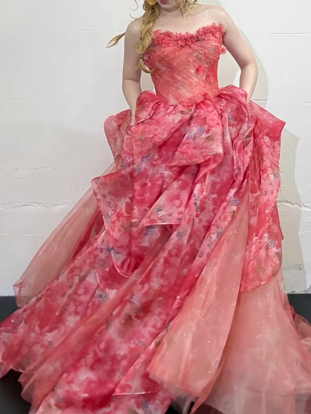 Romantic Floral Print Strapless Ruffle Layered Tulle Ballgown Prom Dress AD856