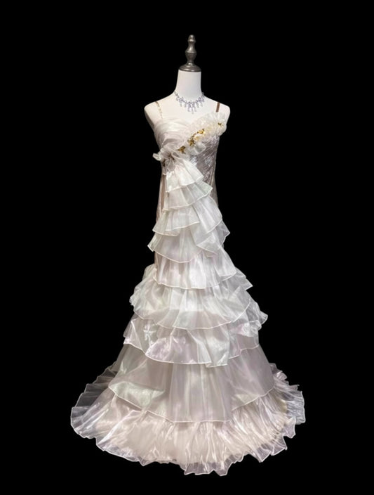 Luminous Iridescent Spaghetti Straps Mermaid Prom Dress With Asymmetric Ruffle Detail & Gold Accents AD861