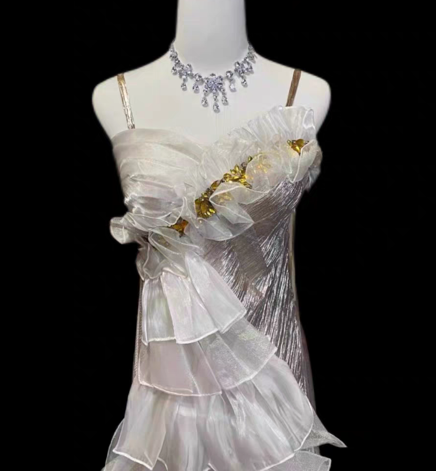 Luminous Iridescent Spaghetti Straps Mermaid Prom Dress With Asymmetric Ruffle Detail & Gold Accents AD861