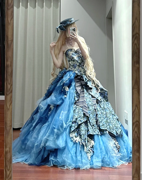 Opulent Blue Floral Strapless Ball Gown Prom Dress With Layered Tulle Skirt & Vintage Details AD863