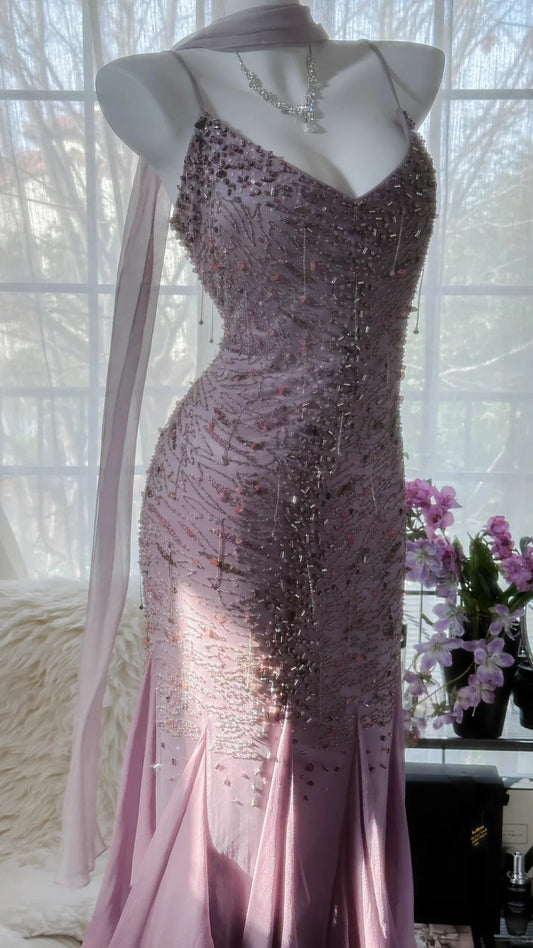Luminous Dusty Pink Spaghetti Straps Beaded Mermaid Prom Dress With Flowy Ruffle Hem AD870