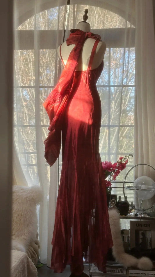 Opulent Burgundy Spaghetti Straps Gold Beaded Chiffon Mermaid Prom Dress AD875