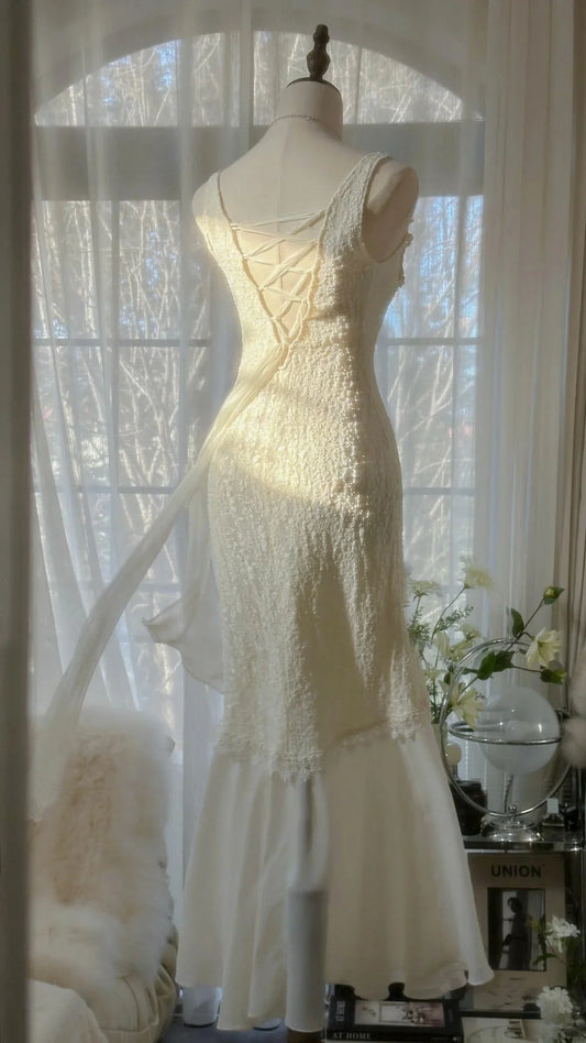 Elegant Ivory Deep V‑Neck Mermaid Lace Long Chiffon Prom Dress AD878