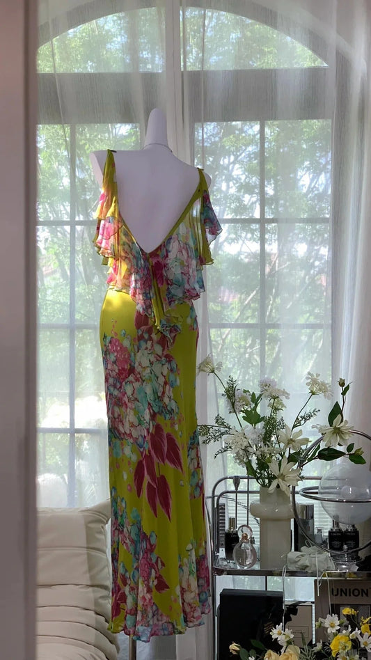 Opulent Green Floral Print Spaghetti Straps Chiffon Ruffles Mermaid Prom Dress AD885