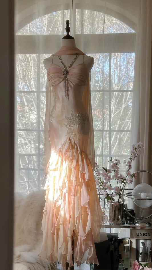 Opulent Blush Pink Spaghetti Straps Mermaid Prom Dress With Beaded Floral Appliqué And Tiered Ruffle Skirt AD887