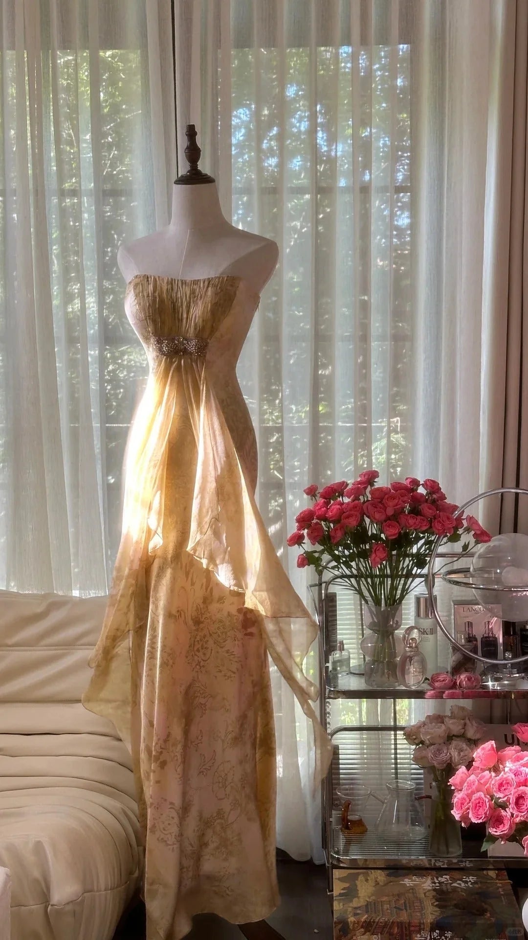 Regal Champagne Gold Strapless Floral Print Mermaid Prom Dress With Embellished Waist Detail & Flowing Chiffon Train AD888