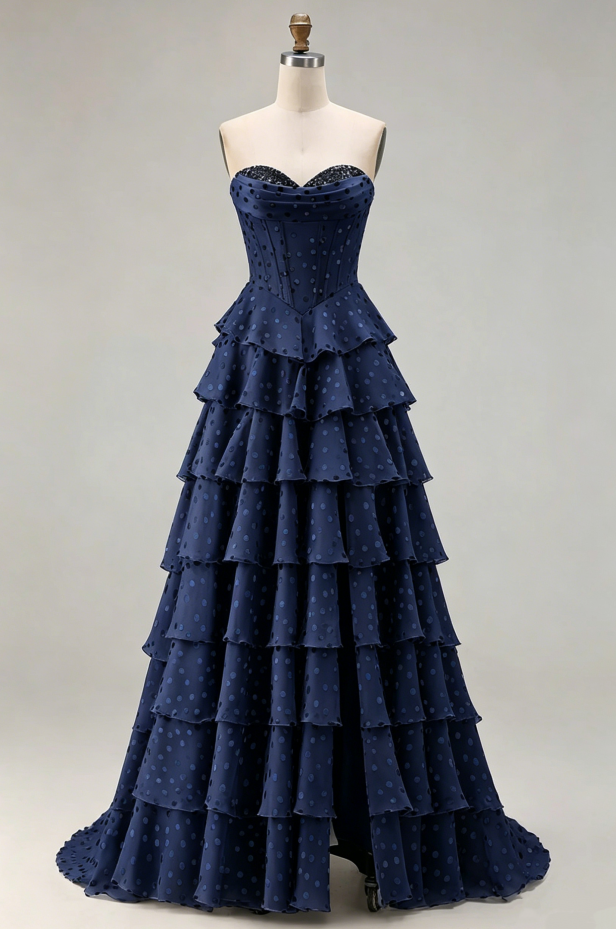 Vintage Strapless Lace Sweetheart Tiered Polka Dot Chiffon A Line Prom Dress With High Slit AD891