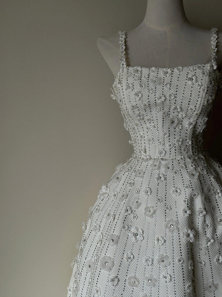 Romantic White Square Neck Rhinestone Stripe Spaghetti Straps 3D Floral A-Line Long Prom Dress AD892