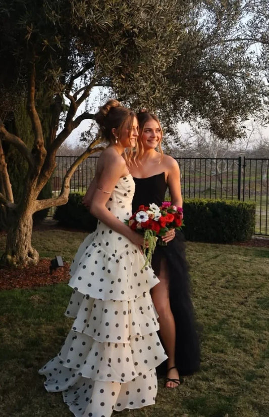 Vintage Cream Sweetheart Neck Cutout Big Black Dot Asymmetrical Tiered Chiffon Mermaid Long Prom Dress AD895