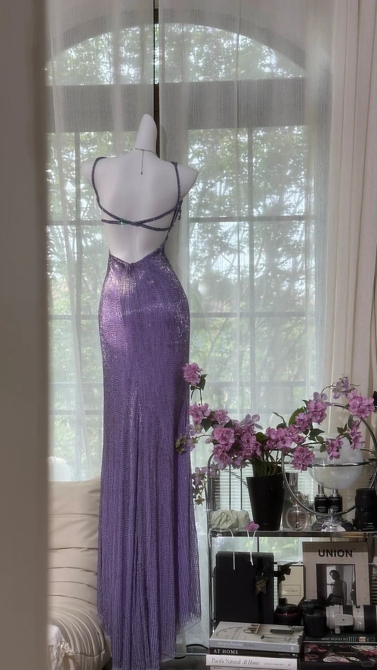 Luxurious Lavender Galaxy Beaded Double Spaghetti Strap Mermaid Slit Prom Dress AD901