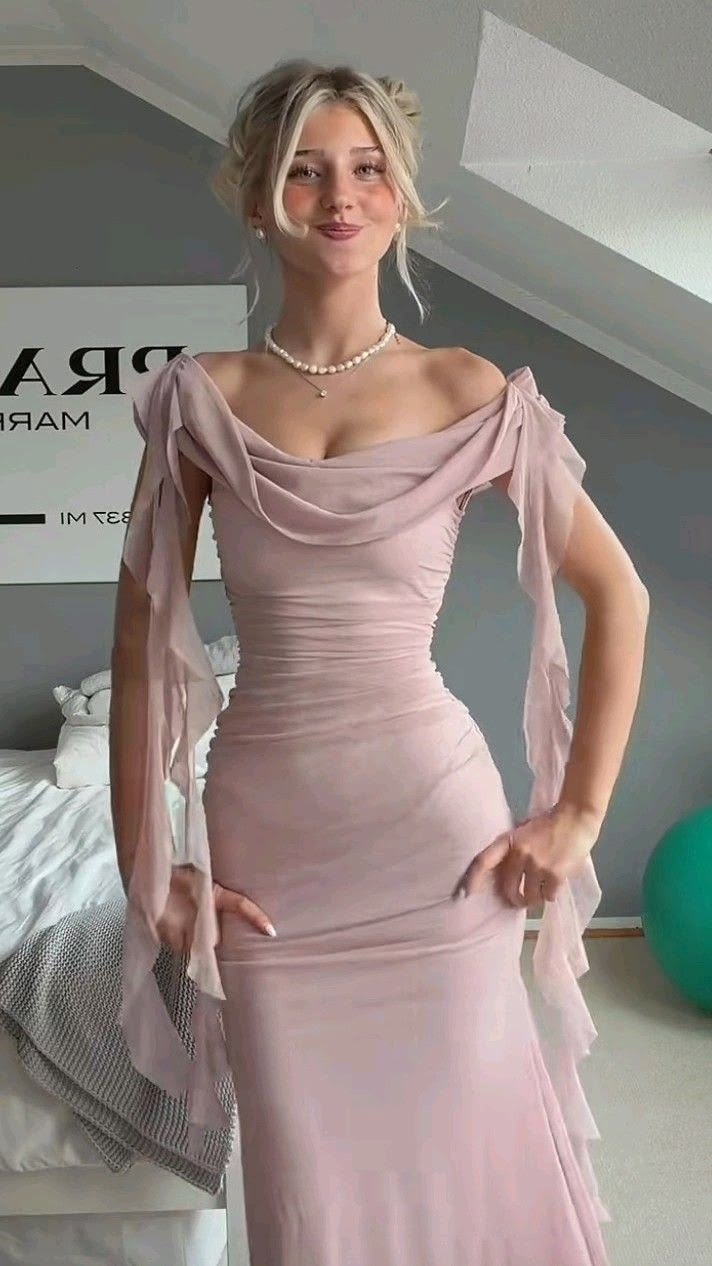 Elegant Dusty Blush Cowl Drape Off Shoulder Ruched Mermaid Long Prom Dress AD905