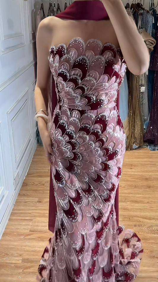 Luxury Strapless Two-Tone Burgundy Dusty Rose Feather Beaded Mermaid Long Prom Dress With Sweep Train AD910