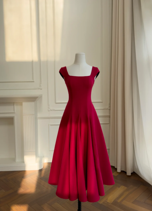 Classic Heavy Burgundy Cap Sleeve Square Neck A-Line Long Prom Dress AD915
